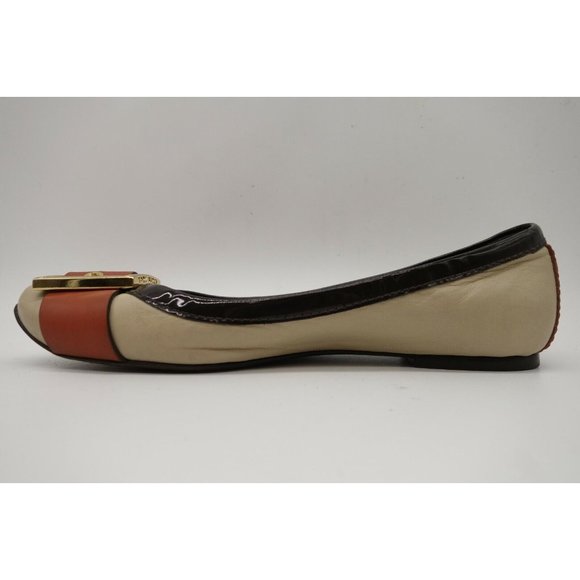Tory Burch Logo Beige Orange Leather Buckle Toe Slip On Flats Shoes Women's 6 M - Picture 2 of 11